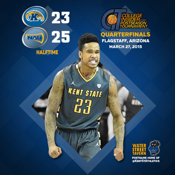 KentStAthletics's tweet photo. It’s halftime at #2015CIT quarterfinal. @KentStMBB trails Northern Arizona 25-23. Derek Jackson’s 10 pts lead Flashes http://t.co/DxRvou5pD5