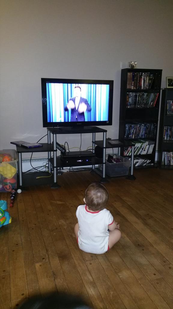 Potvin15's tweet photo. @jimmyfallon my 10 month old can't get enough of the Tonight Show. http://t.co/Tc5Oldnnfc