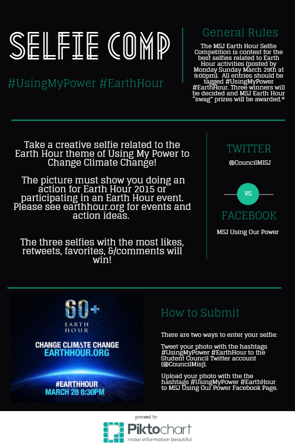 CouncilMISJ's tweet photo. MSJ! It is #EarthHour weekend! Don't forget to send your Earth Hour action selfies. Rules are in the pic! http://t.co/QTWI2VBqaz