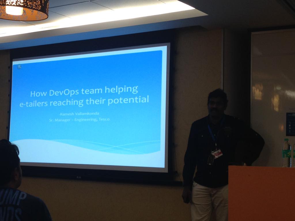DevOpsBangalore's tweet photo. Talk by Ramesh on how Devops team helping Tesco reaching their potential @DevOpsBangalore @LinkedIn @devopsdotcom http://t.co/dx1wfUGzSU