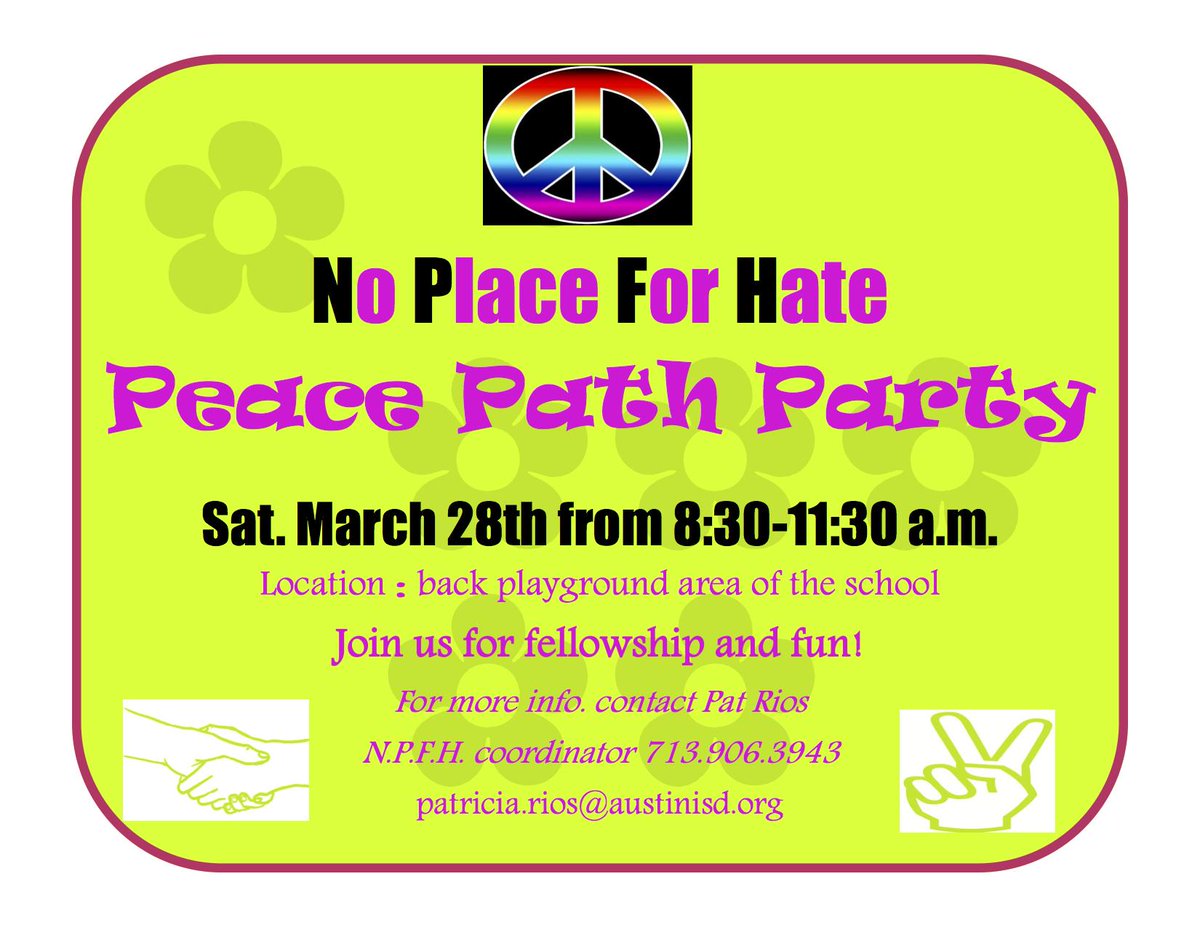 Blanton PTA (@blantonbobcats) on Twitter photo Peace Party on campus this morning from 8:30-11:30. Join us! Blanton is No Place for Hate! #AISDproud <a href="/AISDSupt/">Jacqueline McMahon</a> Peace Party on campus this morning from 8:30-11:30. Join us! Blanton is No Place for Hate! #AISDproud <a href="/AISDSupt/">Jacqueline McMahon</a>