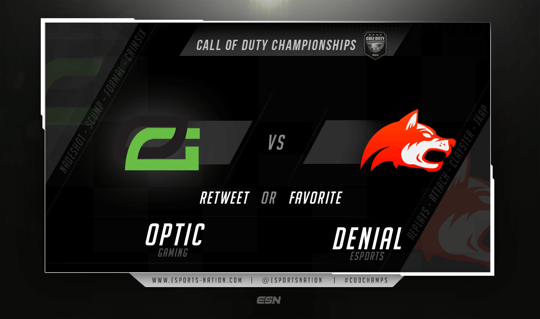 EsportsNation's tweet photo. Coming up next on Alpha will be @OpTicGaming vs. @DenialEsports! #CODChamps

RT For Optic
FAV for Denial http://t.co/04s8kUh0aZ