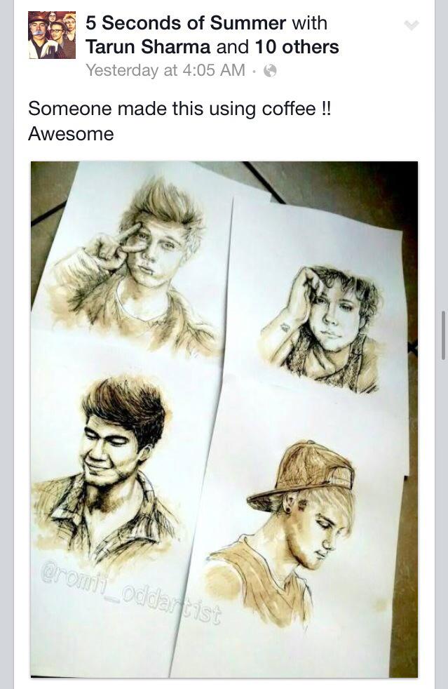 5SOS posted @romii_oddartist's fan art on FB.. she painted them with coffee #5sosfanart #vote5sos #KCA