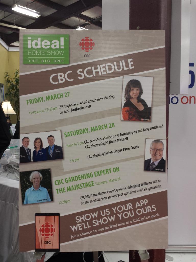 CBCNS's tweet photo. MT @ReneeHortonCBC: At the #springideal and Tom, Amy and Kalin will be here at 12. Come say hi at #cbchouse http://t.co/MdvDTOLKsk #cbcns