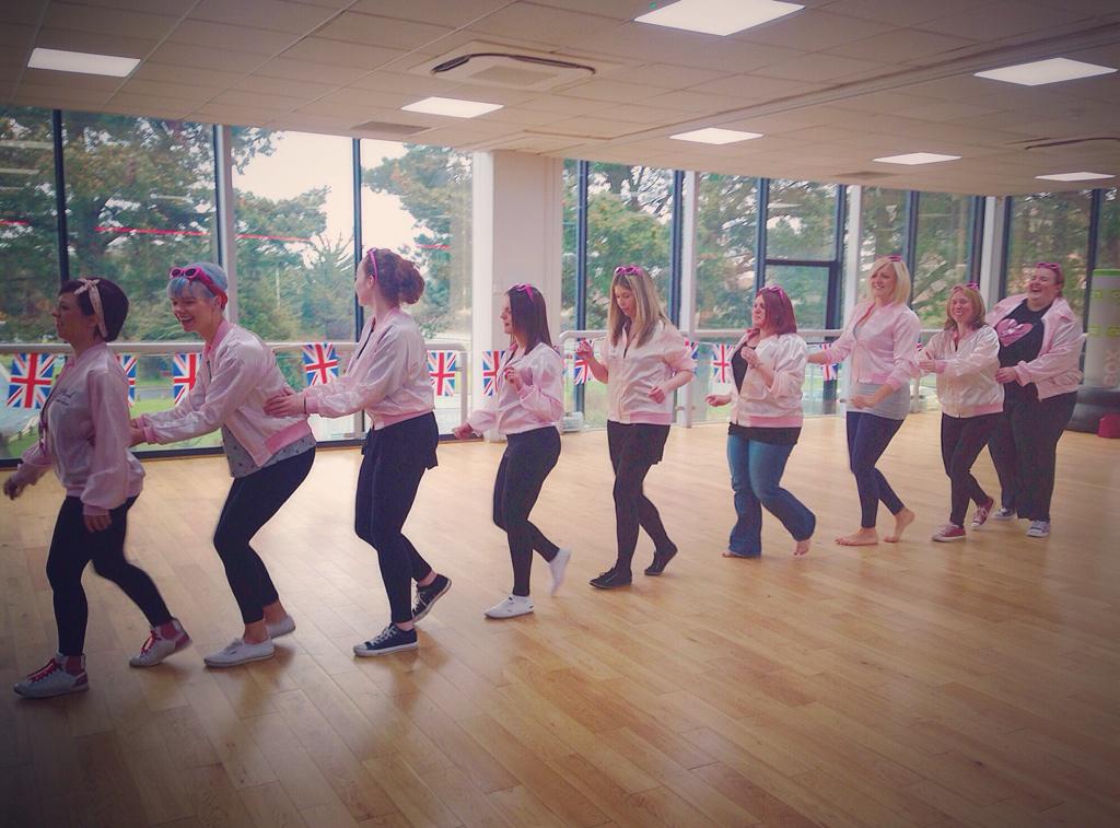 SamCheerCo's tweet photo. No1 grease fan Laura &amp; her pink ladies for her #grease #henparty in #Bournemouth @CheerleadingCo @laura_patmore http://t.co/Y0JYEilzub