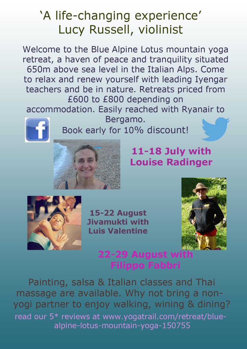 BlueAlpineLotus's tweet image. Two great Iyengar teachers and a Jivamukti yoga retreat @BlueAlpineLotus coming up this summer. Live la dolce vita!