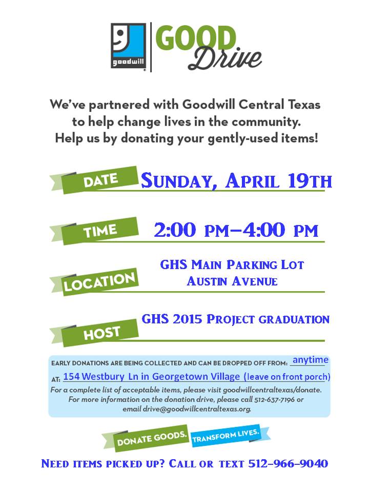 ProjectGrad's tweet image. We&apos;ve partnered w/ @AustinGoodwill to support 2015 GHS Seniors. Pls donate gently-used items. See flyer for details.