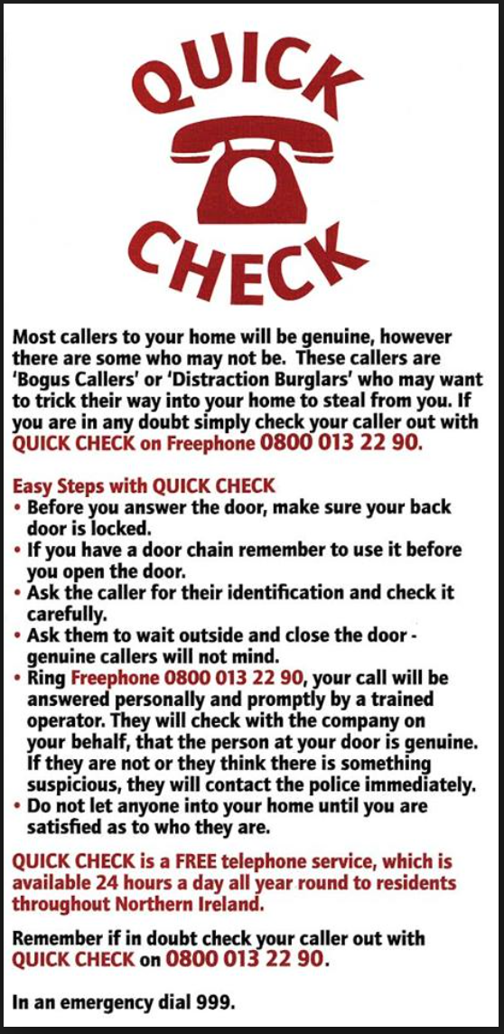 SMartinOBE's tweet photo. Quick Check will assist to ensure callers to your home are genuine. Please RT &amp; share the number with your loved ones http://t.co/5JNPAXyFhr