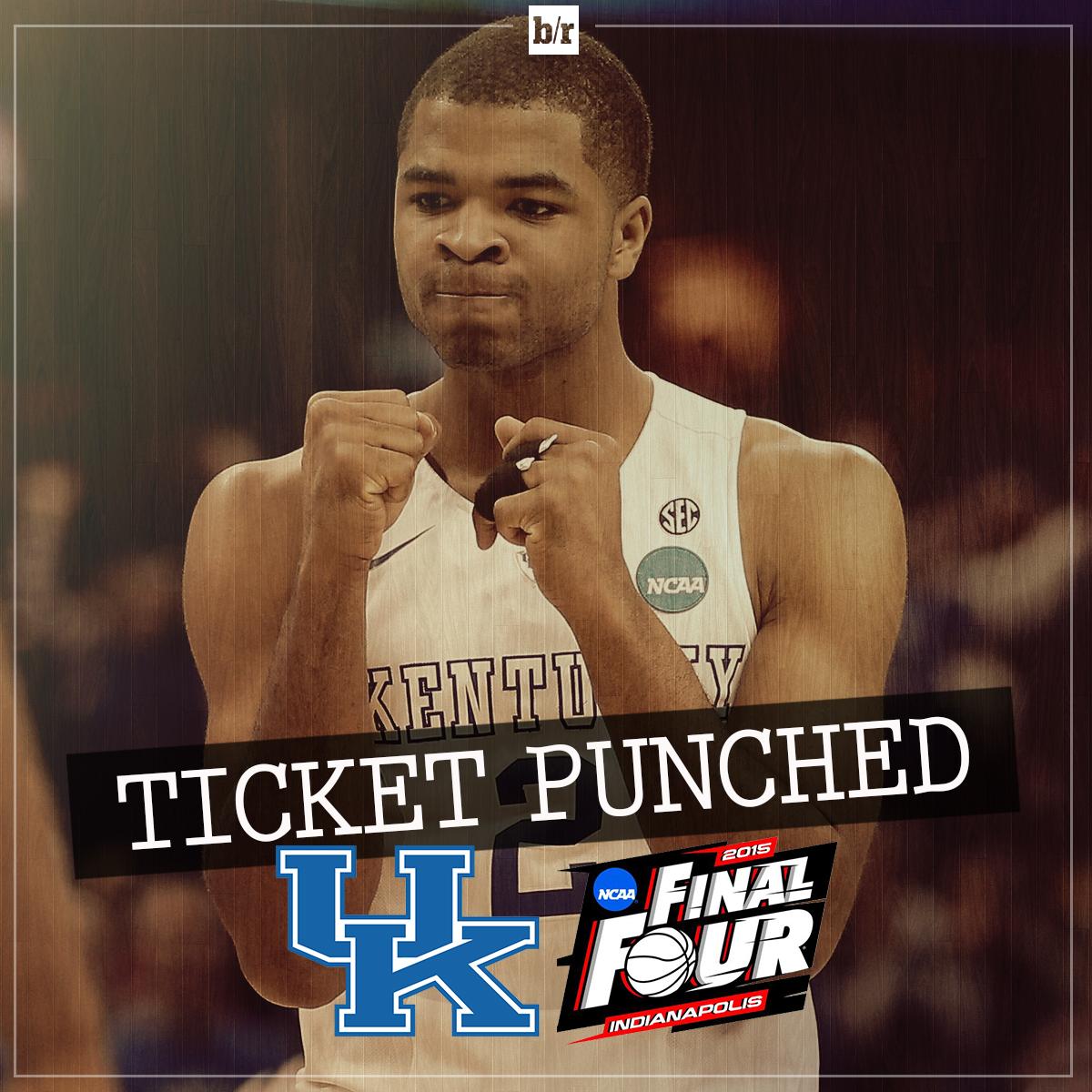 BleacherReport's tweet photo. Kentucky survives! They beat Notre Dame 68-66 and will meet Wisconsin in the #FinalFour! #MarchMadness http://t.co/oifGWwGXJX