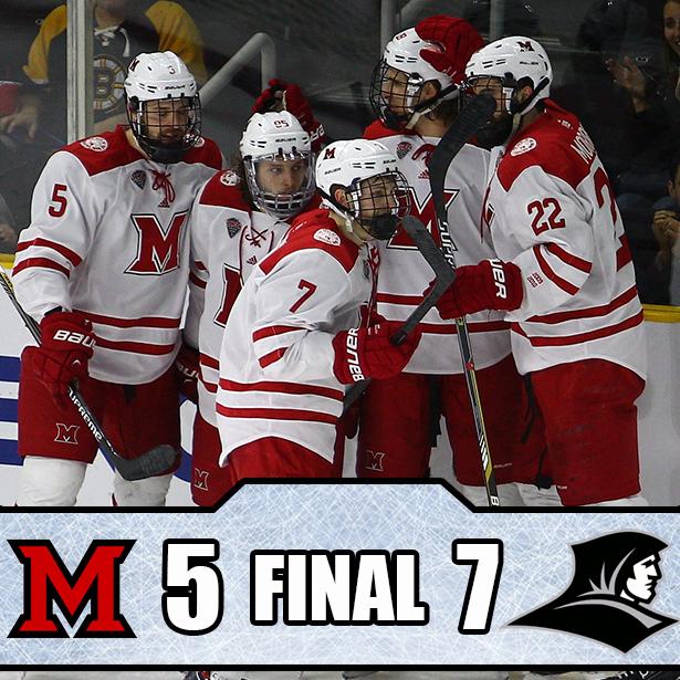MiamiRedHawks's tweet image. .@MiamiOH_Hockey rallies in the 3rd, but falls to Providence 7-5.