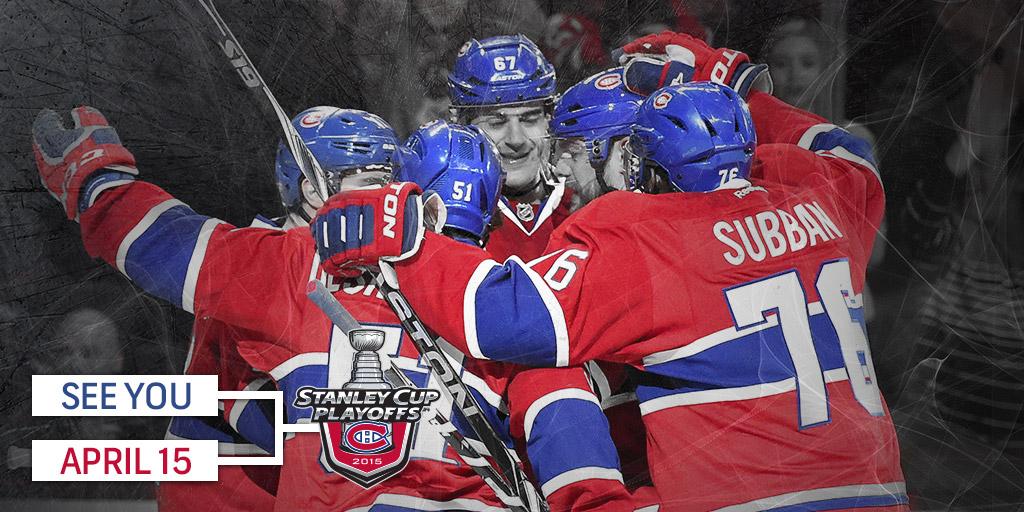 NHL's tweet photo. Stanley Cup Playoffs bound. See you when the postseason begins April 15, @CanadiensMTL. http://t.co/Bfre7TNRsB