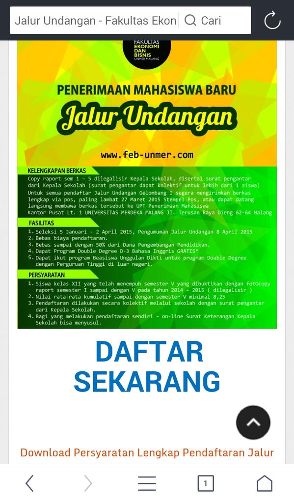 #Maba Jalur Undangan✔ Free biaya daftar, beasiswa, free dobel degree. Bisa langsung daftar feb-unmer.com/index.php/2015…