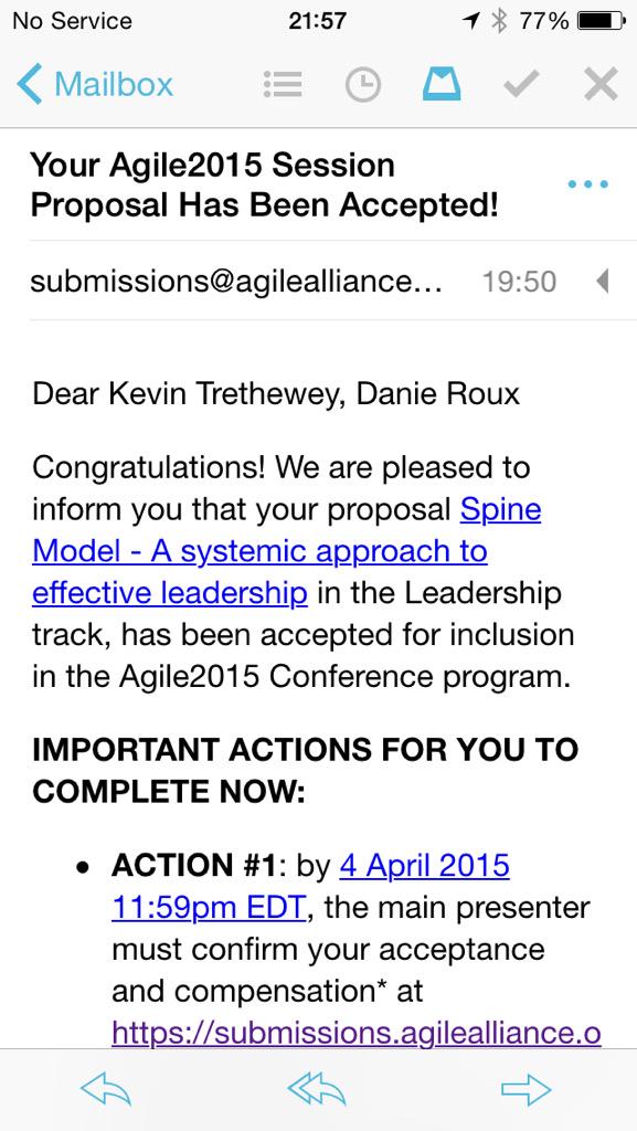 KevinTrethewey's tweet image. So this happened, which is quite exciting. @danieroux and I will be talking about #SpineModel at #Agile2015!
