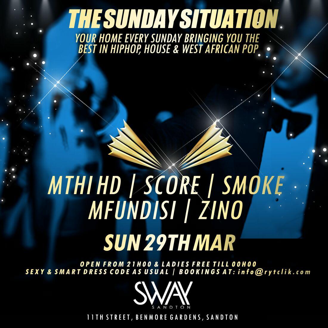 SwaySandton's tweet photo. Catch @djmfundisiSA @ZinoNeckBreaker @Score1DJ @TaSmoke tonight for the SUNDAY SITUATION hosted by @MthiHD #TSS http://t.co/h12qv8kqk2