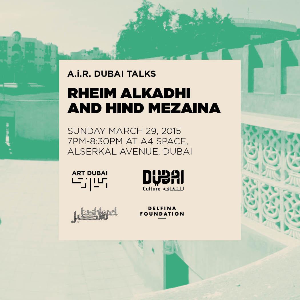 Today as part of #AIRDubai Talks &amp; #DXBArtSeason15, Rheim Alkhadhi &amp; Hind Mezaina are speaking at <a href="/AlSerkalAvenue/">Alserkal Initiatives</a> @ 7