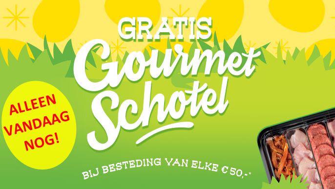 Alleen vandaag nog ontvangt u bij besteding van €50,- aan boodschappen één voucher voor een GRATIS GOURMETSCHOTEL!