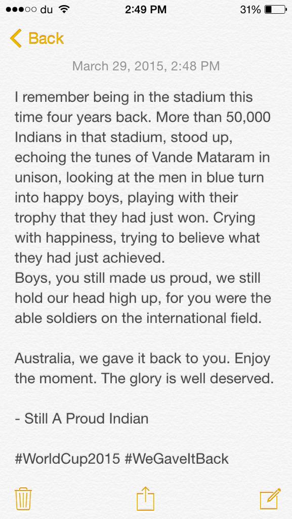 shamolyk's tweet photo. Congratulations, Australia. #CWC15 #ICCWorldCup2015 #WeGaveItBack http://t.co/rSJ3h9EhBD