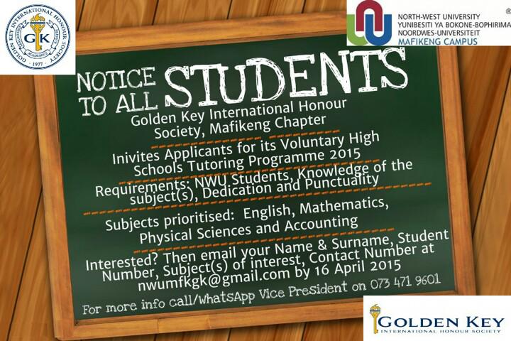 NWUGoldenKey's tweet photo. @NWUMafikeng @NWUGoldenKey 2015 High Schools Tutoring Programme 2015 Applications now opened! #NWU #GoldenKey http://t.co/LaDQKsUnj7
