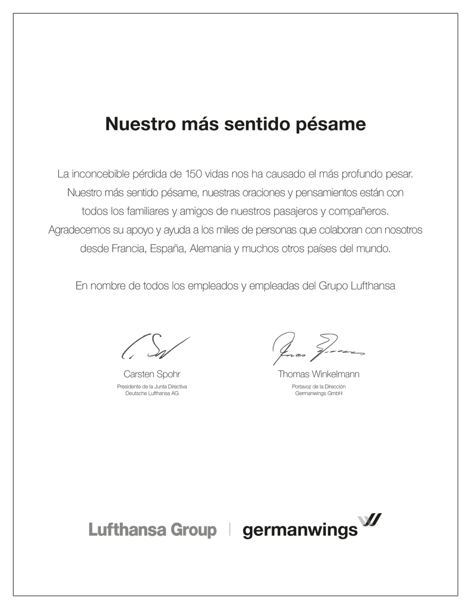 eurowings's tweet photo. Nuestro más sentido pésame http://t.co/Vy5zSMuGdz