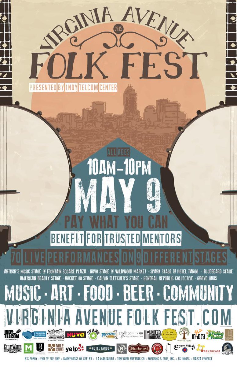 #VirginiaAvenueFolkFest May 9th. 70+ Bands. 9 Stages. All Ages! Benefit to benefit #TrustedMentors #FolkinUpIndy