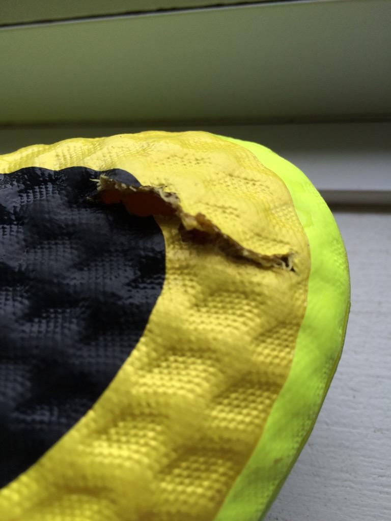 Adam0602's tweet photo. @Nike and they split, I find this unacceptable that I pay good money for these boots to only have worn them once. http://t.co/c888RCDPTL