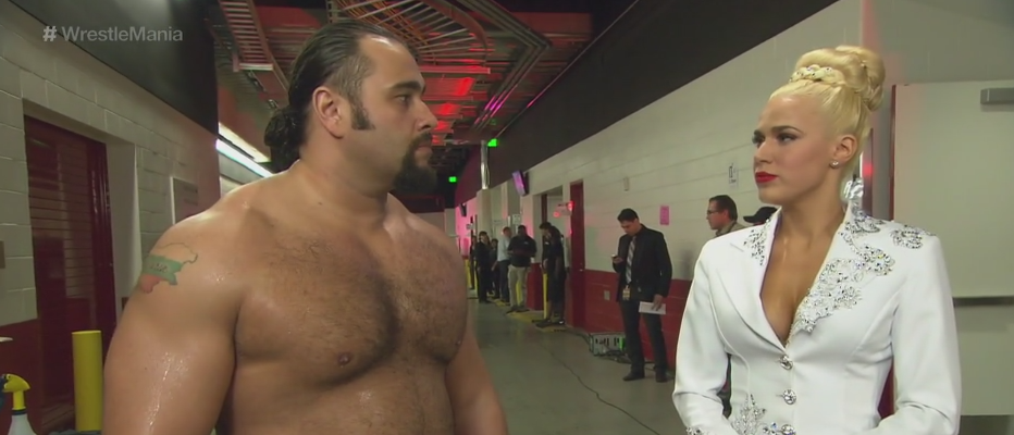 WWEUniverse's tweet photo. .@LanaWWE: "I will never show compassion again." 
@RusevBUL: "I CRUSH @JohnCena ... and America DIES!" 
#WrestleMania http://t.co/dZXcZjf9K4