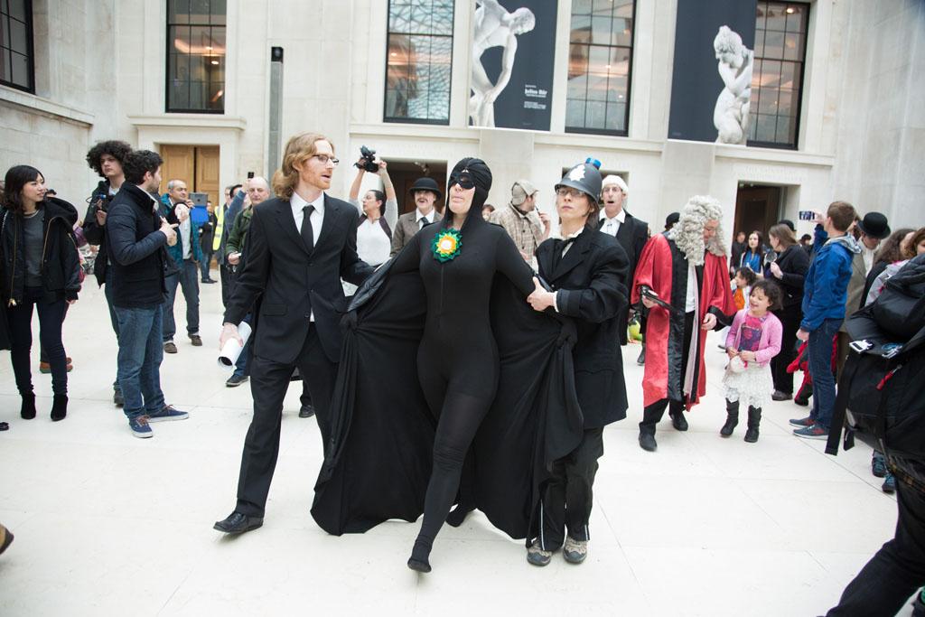 drop_BP's tweet image. &apos;BP shall be banished from this place!&apos; The oily tyrant led away in today&apos;s &quot;detective flashmob&quot; @britishmuseum!