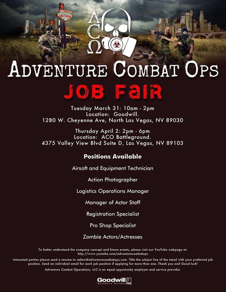 apocalypsevegas's tweet photo. #AdventureCombatOps Job Fair! Tues is actually 9:00-1:00 and Thurs is in Suite E not D. See you there! http://t.co/r4xknHvcOm