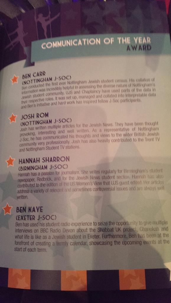 RealBenK's tweet photo. Proud to be representing @ExeterJewishSoc at the @UJS_UK Student Awards - and to be nominated! http://t.co/NRJCCqjQRZ