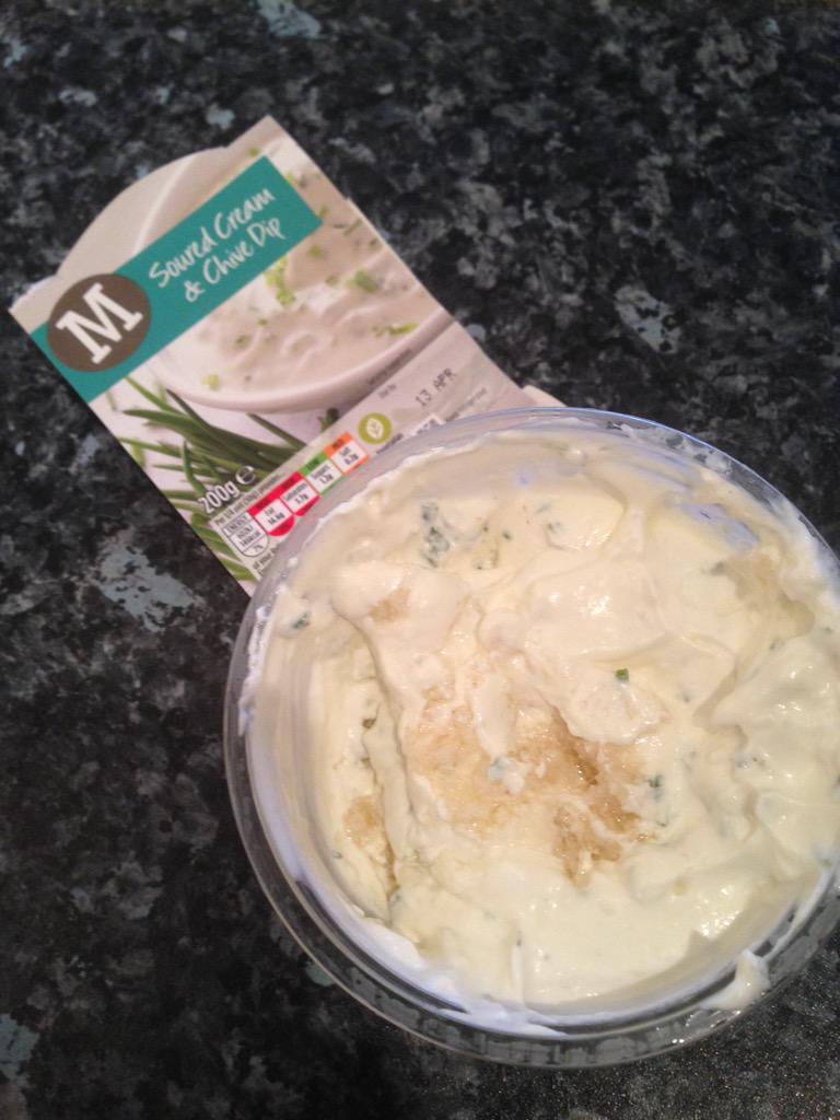 DeanEllwood's tweet photo. @Morrisons Just found this very odd looking paste in the middle of my sour cream and chive dip. Not good! http://t.co/0mKJVW7r6P