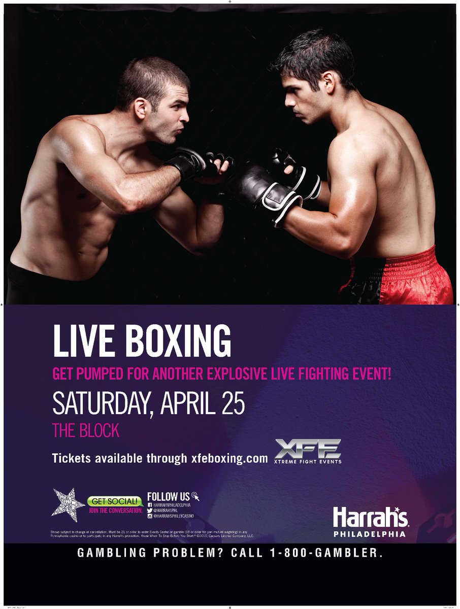 HarrahsPHL's tweet photo. Get pumped for another explosive #LiveFighting Event on Sat 04/25 at The Block! Tickets available at door. #MMA http://t.co/FPbIQQtVPe