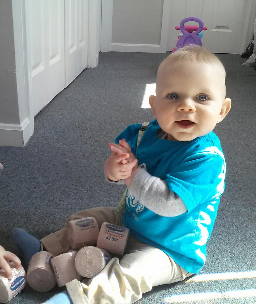 AT_of_MA's tweet photo. Who needs toys when you have lots of 2in ace bandages. #futureAT, #mommyAT http://t.co/rilyTLqE1w