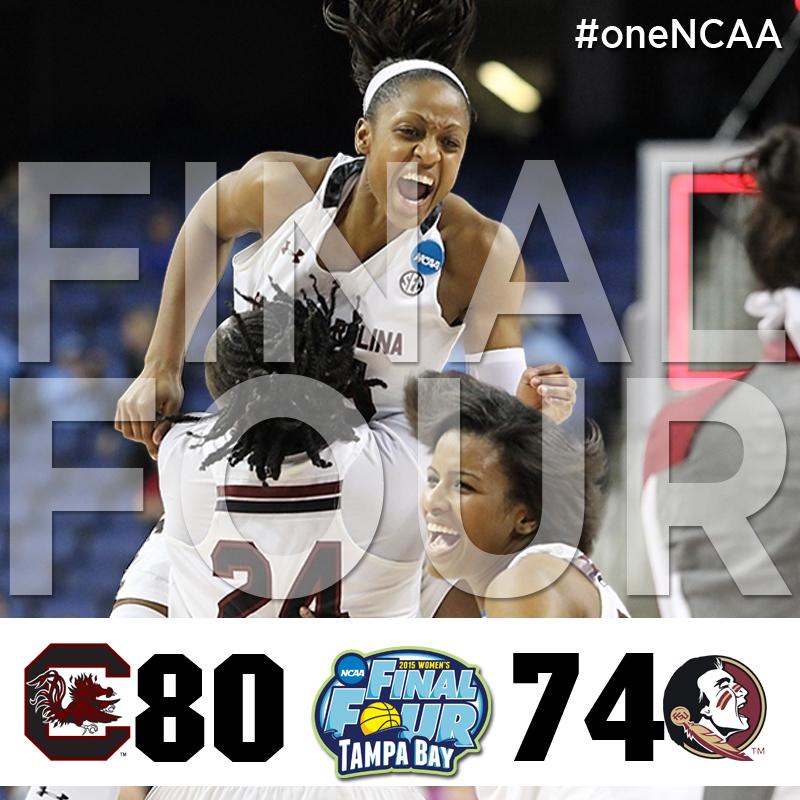 GamecockWBB's tweet photo. FINAL FOUR!!! #Gamecocks WIN 80-74 to advance to the Final Four for the first time in school history! #oneNCAA #ncaaW http://t.co/ioDIFzWb29