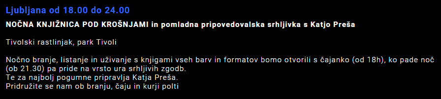 NocKnjige's tweet photo. #nočknjige je tudi čas za pomladne srhljivke v Tivoliju - pripovedovala bo Katja Preša. http://t.co/yk8KirhLHy http://t.co/xZFvyuuwZY
