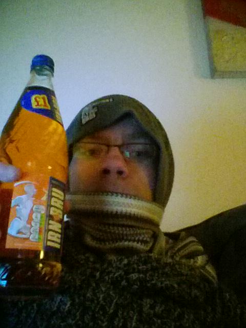 11Zico's tweet photo. I'm home. Very cold (hence scarf) Irn Bru. #literallychilling http://t.co/REMt06jdJp