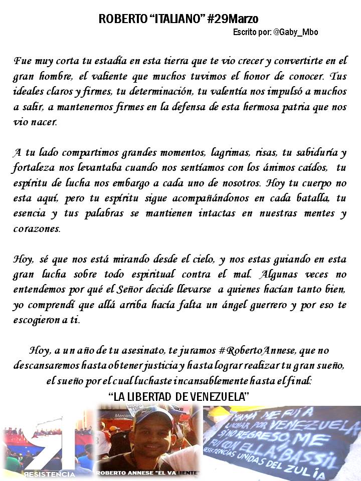 bastiondelzulia's tweet photo. Via: @Gaby_Mbo A un año #RobertoAnnese #29M http://t.co/U3dY2eRArv @JoelvinV @VictimasCR @Elperrogocho @padrejorgeluis @PadreJosePalmar