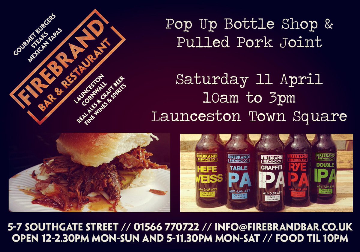firebrandbar's tweet photo. Everyone enjoys a good pop up! Pop Up Bottle Shop &amp; Pulled Pork Joint April 11 @cornishfoodhour #cornishfoodhour http://t.co/HYo8lqhEhb