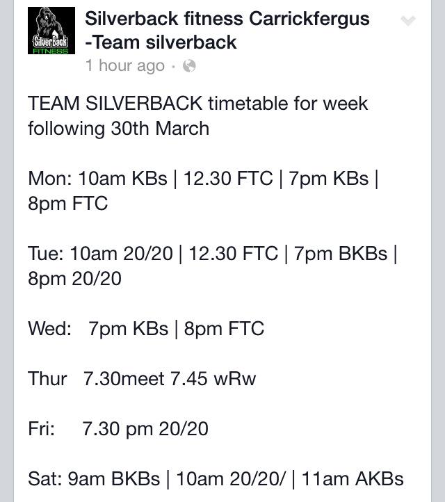 SilverBackNI's tweet photo. New timetable for this week guys let's smash another week! See u @ the gateway. #FITFOR2015 #kettlebellscarrickfergus http://t.co/rlzNedebtS