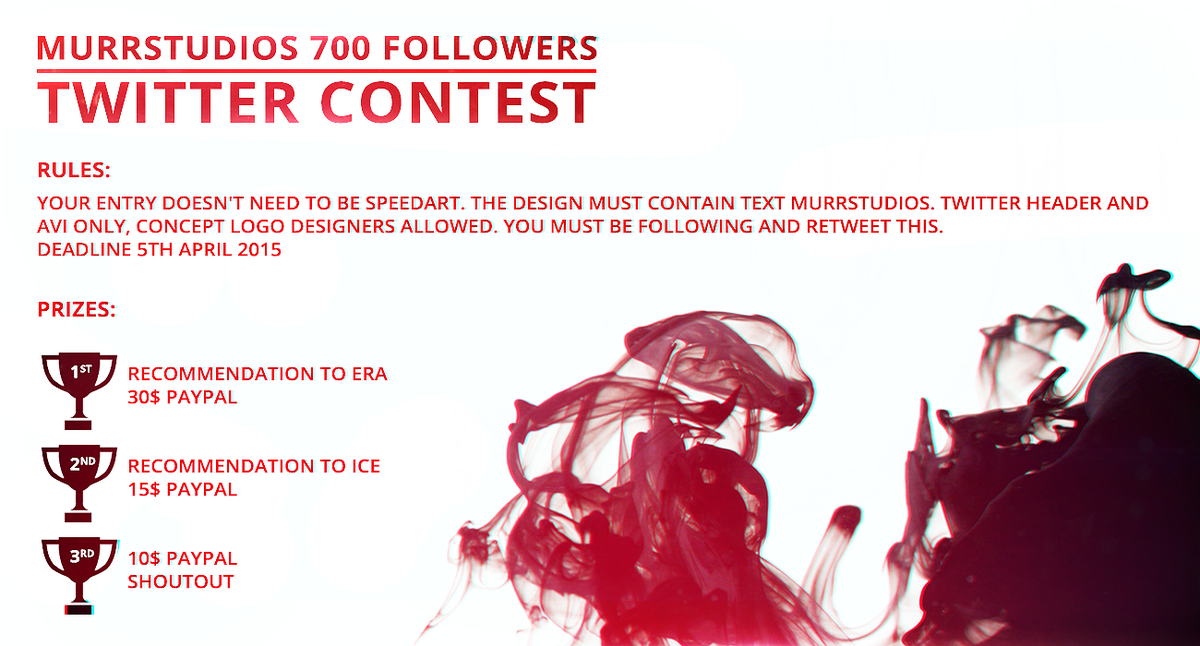 Mvrrz's tweet image. MurrStudios 700 Followers Twitter Contest! Must be following, deadline: 5th April 2015! ANY DESIGNER, ANY THEME. RT!