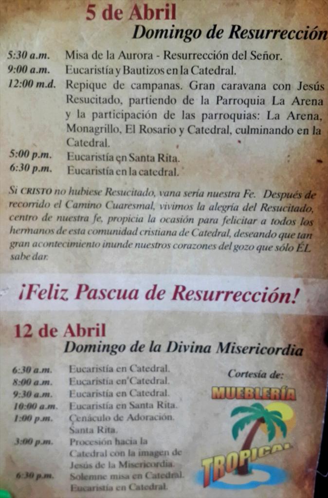 Programa de Semana Santa
Parroquia San Juan Bautista
Iglesia Catedral de #Chitré
27 de marzo al 5 de abril 2015.