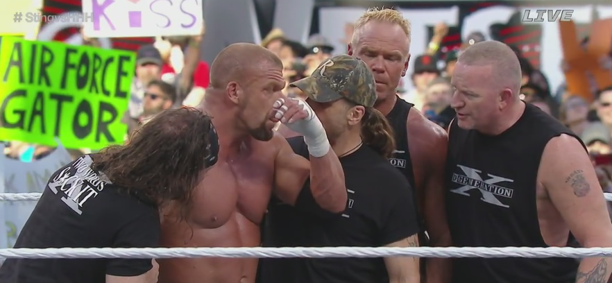 WWEUniverse's tweet photo. Is there finally peace between @WWE's #DX and #WCW's #NWO? 
#Handshake #StingVsHHH @Sting @TripleH http://t.co/34qq2VPw7W