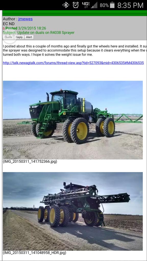 AaronBobeck's tweet photo. Front and rear duals on this R4038 sprayer looks awesome @NewAgTalk http://t.co/XnUGWGVmoY