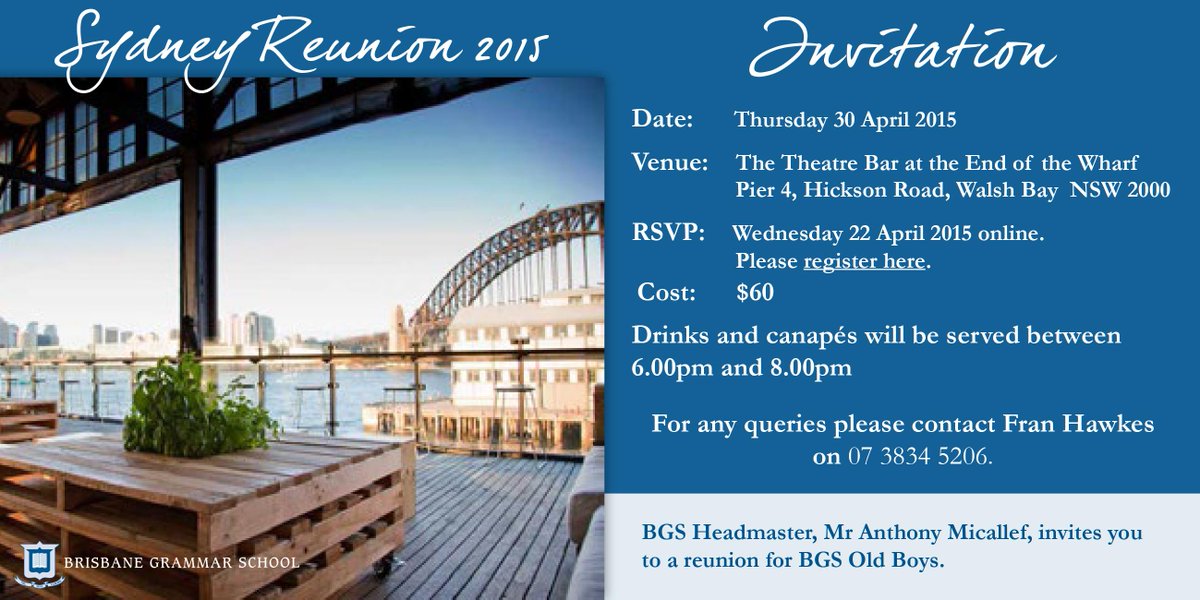 Sydney Reunion for all BGS Old Boys - Thursday 30 April 2015 - Register online at is.gd/KxfteK