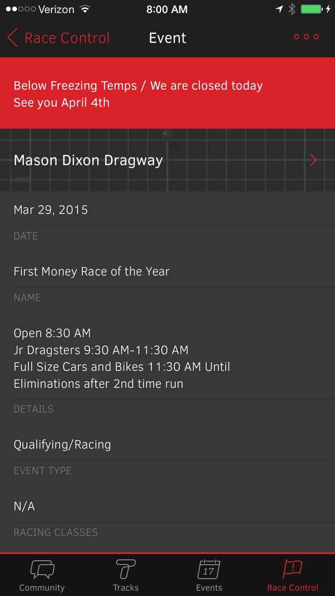 KLTracktivity's tweet photo. Great use of Race Control by Mason Dixon Dragway to announce a cancellation due to weather. http://t.co/SIxAJWAJxj