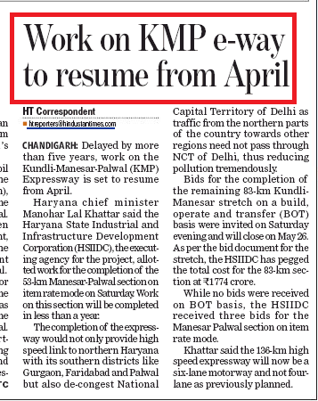 TInfracorp's tweet photo. Work on KMP Expressway to resume from April
News Extract from Hindustan times dated 29th March,2015 http://t.co/Yg43xgis9B