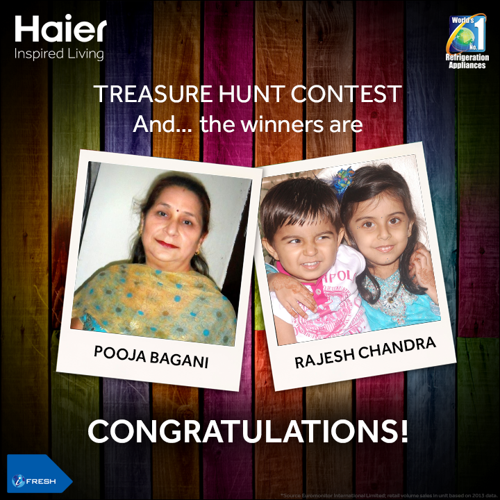 IndiaHaier's tweet photo. Fans who have emerged as winners of #TreasureHuntContest are Pooja Bagani &amp; Rajesh Chandra. Congratulations! http://t.co/HLjSul75uS