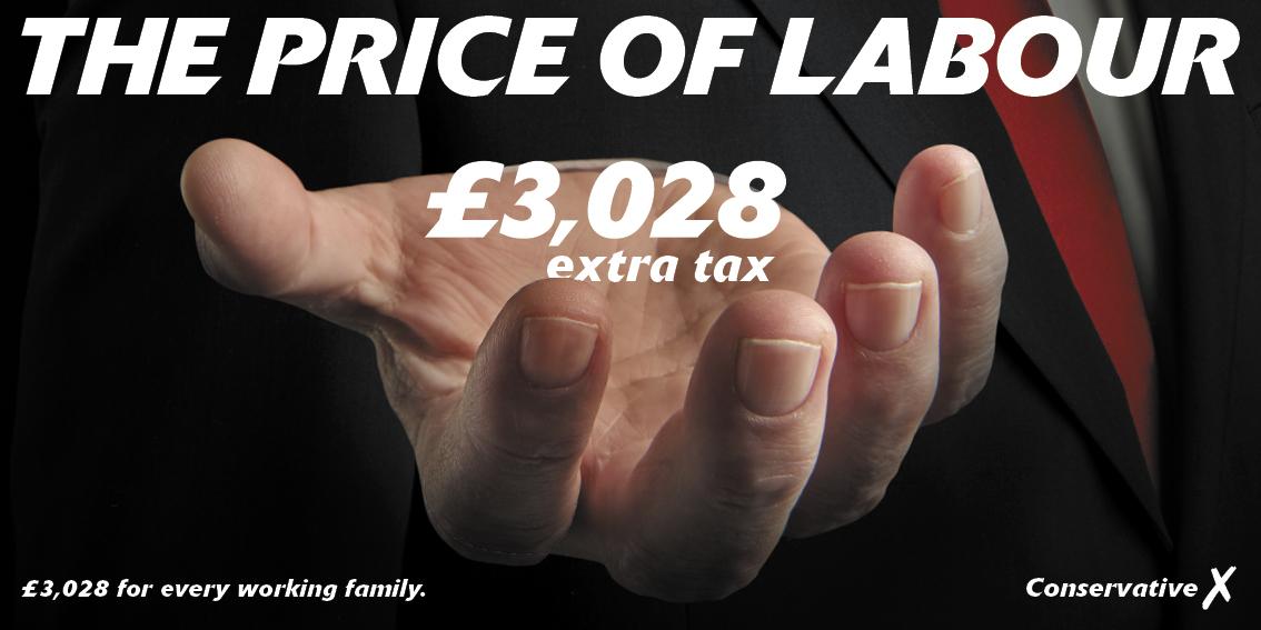 Conservatives's tweet photo. The price of Labour: £3,028 extra tax for every working family.

RETWEET to let friends know. http://t.co/uIOidGe2gx