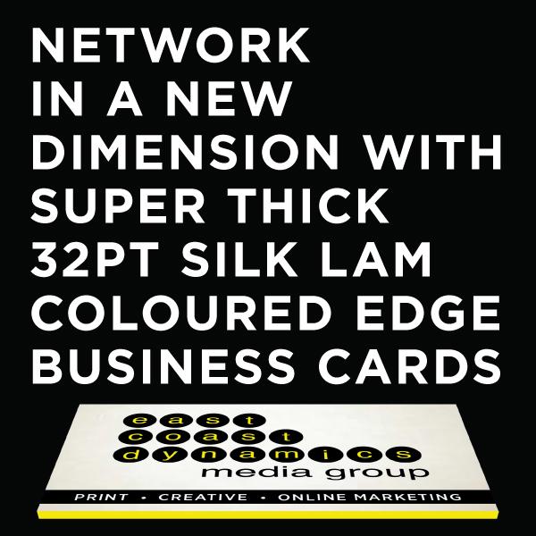 New Business Card options. 32pt Silk Laminated w/ coloured edges is our newest option.
