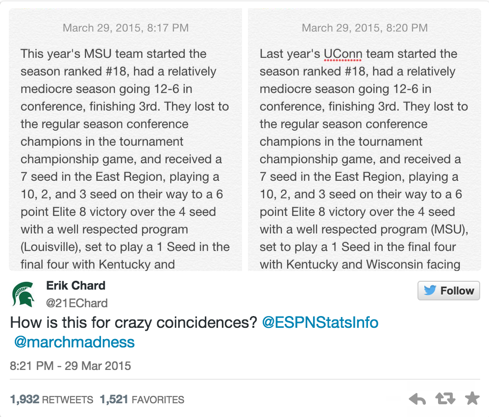 CSOonX's tweet photo. 2015 Michigan State has taken a page out of 2014 UConn's book (every page, actually): http://t.co/A4cu3sz7N4 http://t.co/EPRa57RtV6