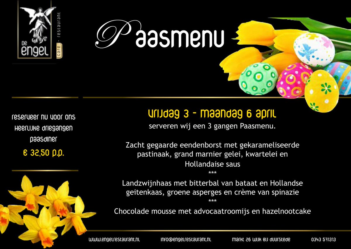 DeEngelWBD's tweet photo. Reserveer voor ons Paasmenu van 3-6 april. http://t.co/jFUVoKYxzP